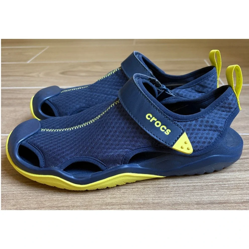 Crocs Mens Swiftwater Mesh Deck Water Sandals 9 Navy Yellow 205289 Gorpcore